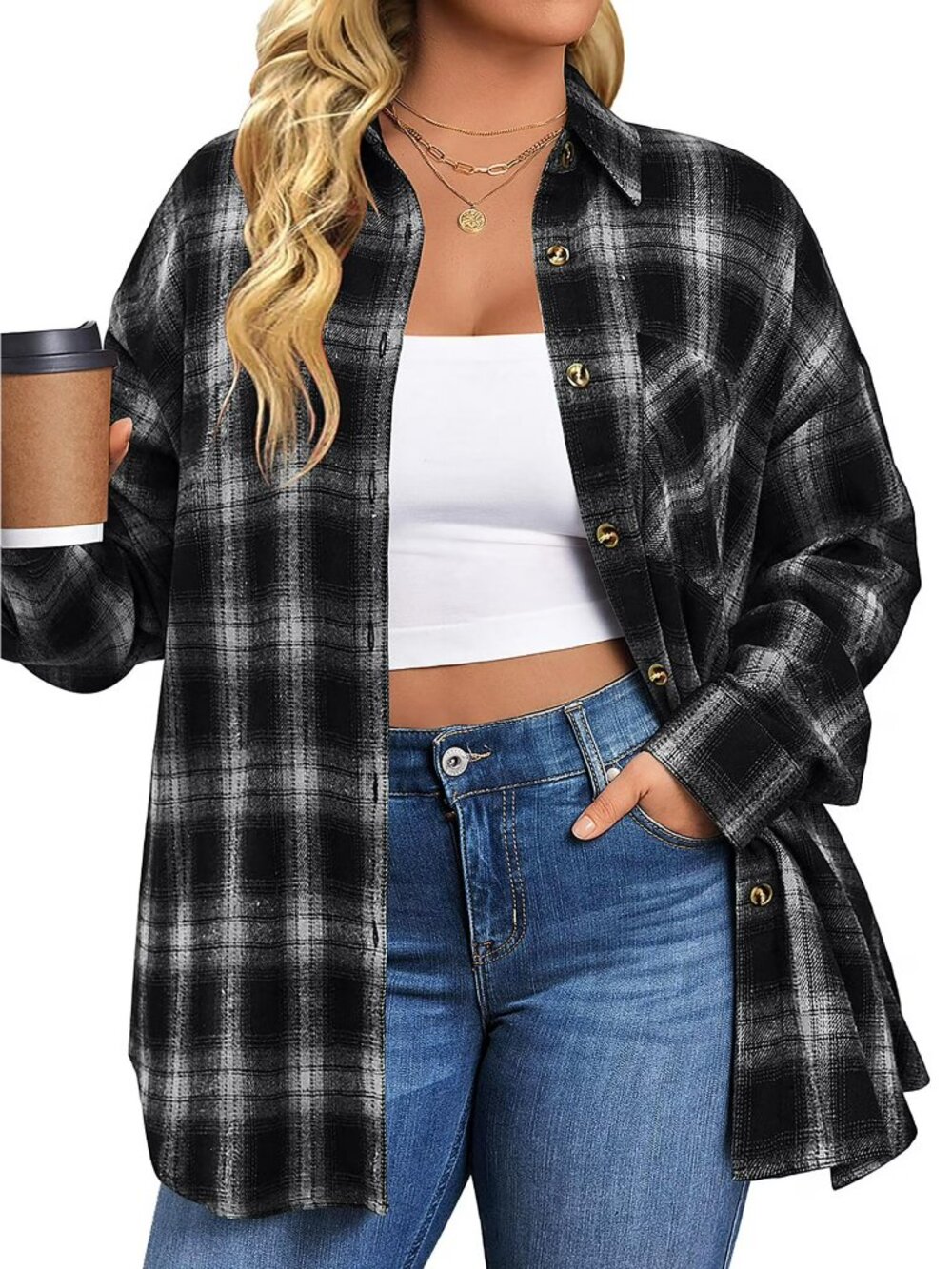 NEW Fantaslook Women's Oversized Flannel Plaid Shirts Black 2XL